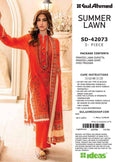 Woman in orange embroidered outfit with Gul Ahmed branding on a white background