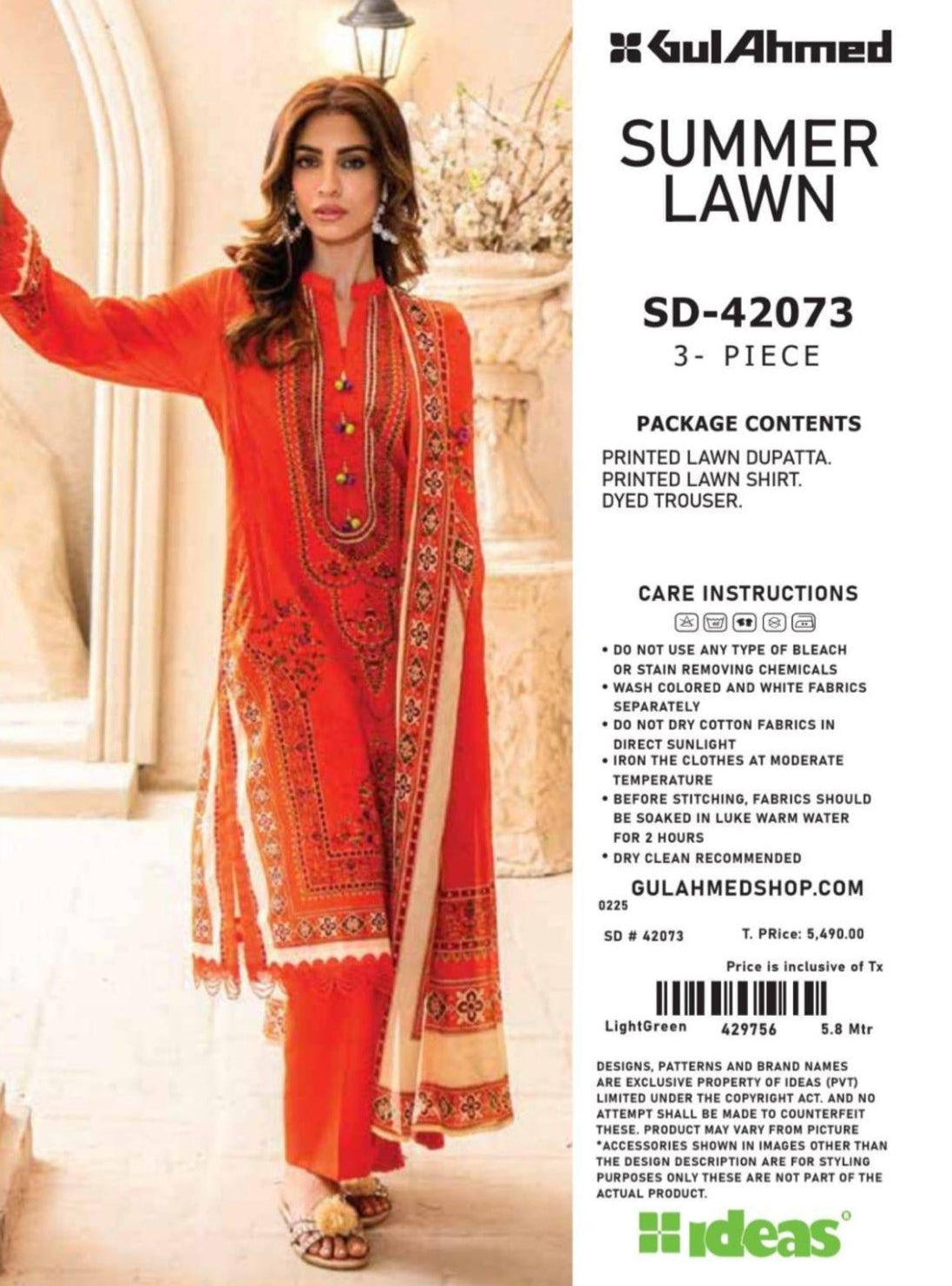 Woman in orange embroidered outfit with Gul Ahmed branding on a white background