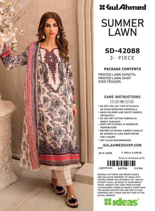 Woman modeling a 3-piece summer lawn outfit with brand details on a white background